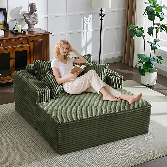 54.3"W Oversized Chaise Lounge Chair Indoor, Boneless Corduroy Sleeper Sofa Bed with 4 Pillows, Armrests, Comfy Fluffy Reading Couch, No Assembly Required Cloud Sofa for Living Room, Bedroom, Office