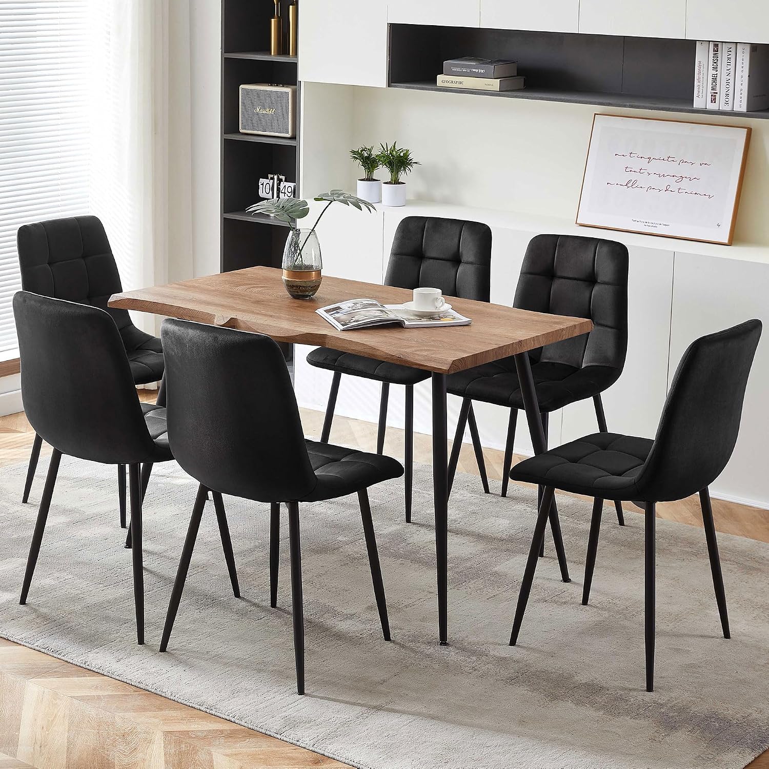 Rectangular Dining Table Set with Upholstered Chairs - Modern Kitchen Table and Chairs Set of 4 for Small Spaces - Black
