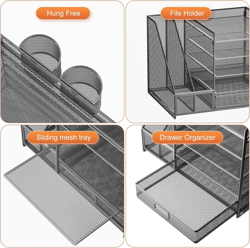 Marbrasse 5-Tier Paper Letter Tray Organizer with Drawer and Pen Holder, Mesh Desktop Organizer and Storage with Magazine Holder for Office Supplies (Grey)