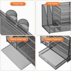 Marbrasse 5-Tier Paper Letter Tray Organizer with Drawer and Pen Holder, Mesh Desktop Organizer and Storage with Magazine Holder for Office Supplies (Grey)