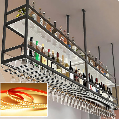 47.2IN Acrylic Ceiling Wine Glass Rack with Transparent Shelves, Hanging Wine Rack with Glass Holder and LED lights, 2 Layer Ceiling Bottle Holder Shelf for Bar Kitchen Decorate (47.2in/120cm)