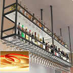 31.4IN Acrylic Ceiling Wine Glass Rack with Transparent Shelves, Hanging Wine Rack with Glass Holder and LED lights, 2 Layer Ceiling Bottle Holder Shelf for Bar Kitchen Decorate (31.4in/80cm)