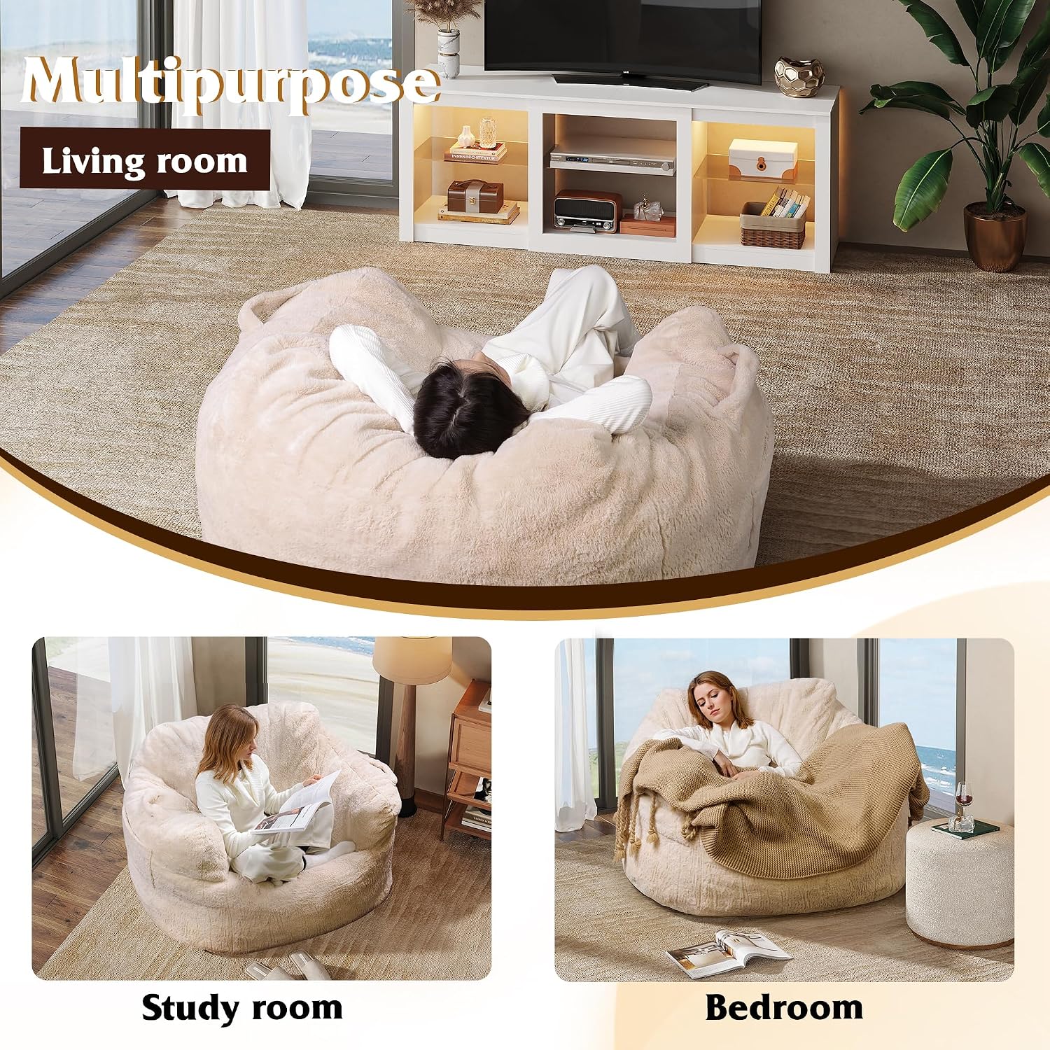 WLIVE 43'' Giant Bean Bag Chair, Bean Bag Sofa with Armrests for Adults, Bean Bag Couch with High-Density Memory Foam for Livingroom, Bedroom, Beige
