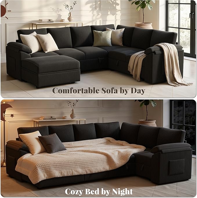 108 Inch Sectional Sleeper Sofa Bed with Pull Out Couch, U Shaped 7 Seat Cloud Modular Sectional Sofa with Storage, Corduroy Sectional Couches for Living Room, Removable Sofa Cover, Black