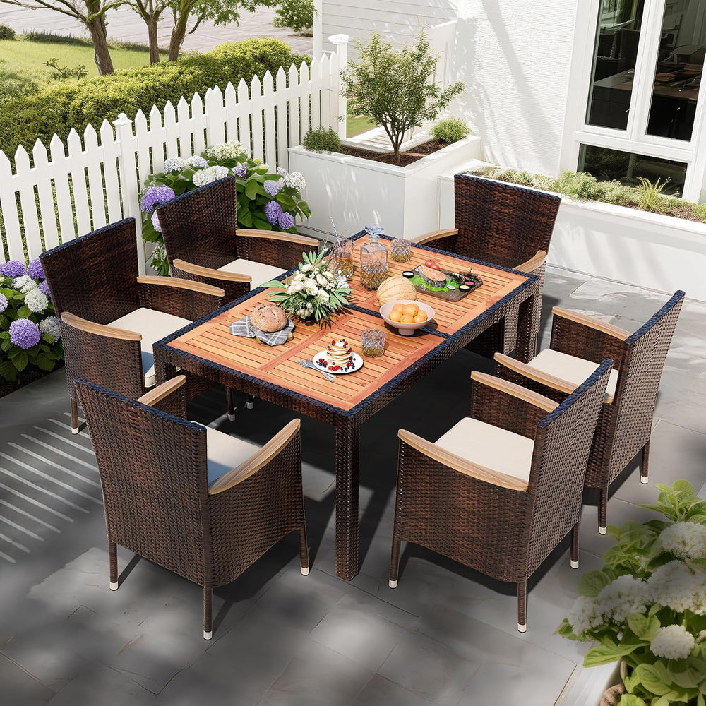 Shintenchi 7 PCS Wicker Patio Dining Set, Brown Rattan
