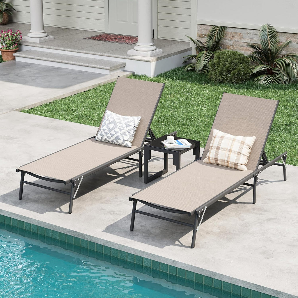 Amopatio Outdoor Lounge Chairs Poolside Chaise Lounge for Patio Set of 2 | with Side Table Foldable Stackble Fully Assembled Weather Resistant 5-Position Adjustable Backrest 400LBS Capacity