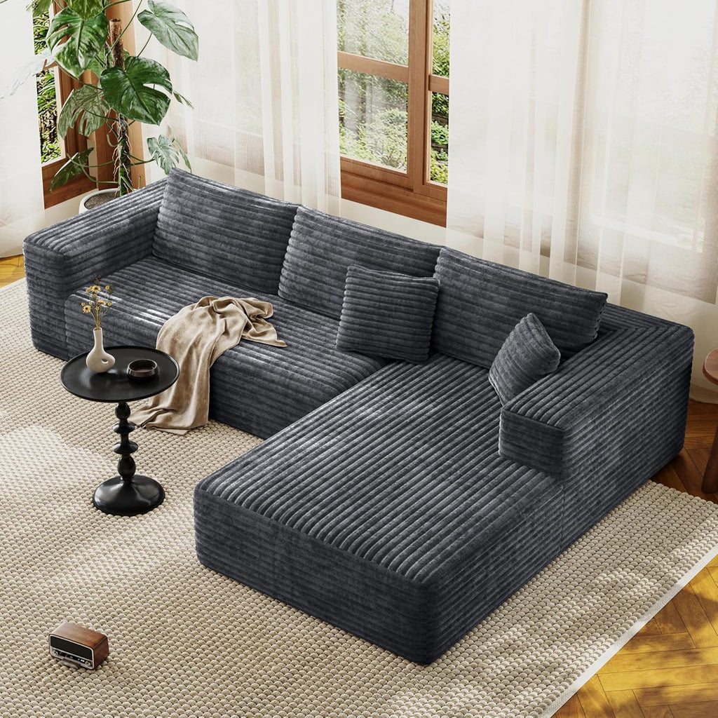 Boneless Sectional Couch for Living Room, Modular Sectional Sofa | 107" Modern L Shaped Could Couch Deep Seat Corduroy Floor Sofa, No Assembly Required, (Grey,107" L-shaped Right)