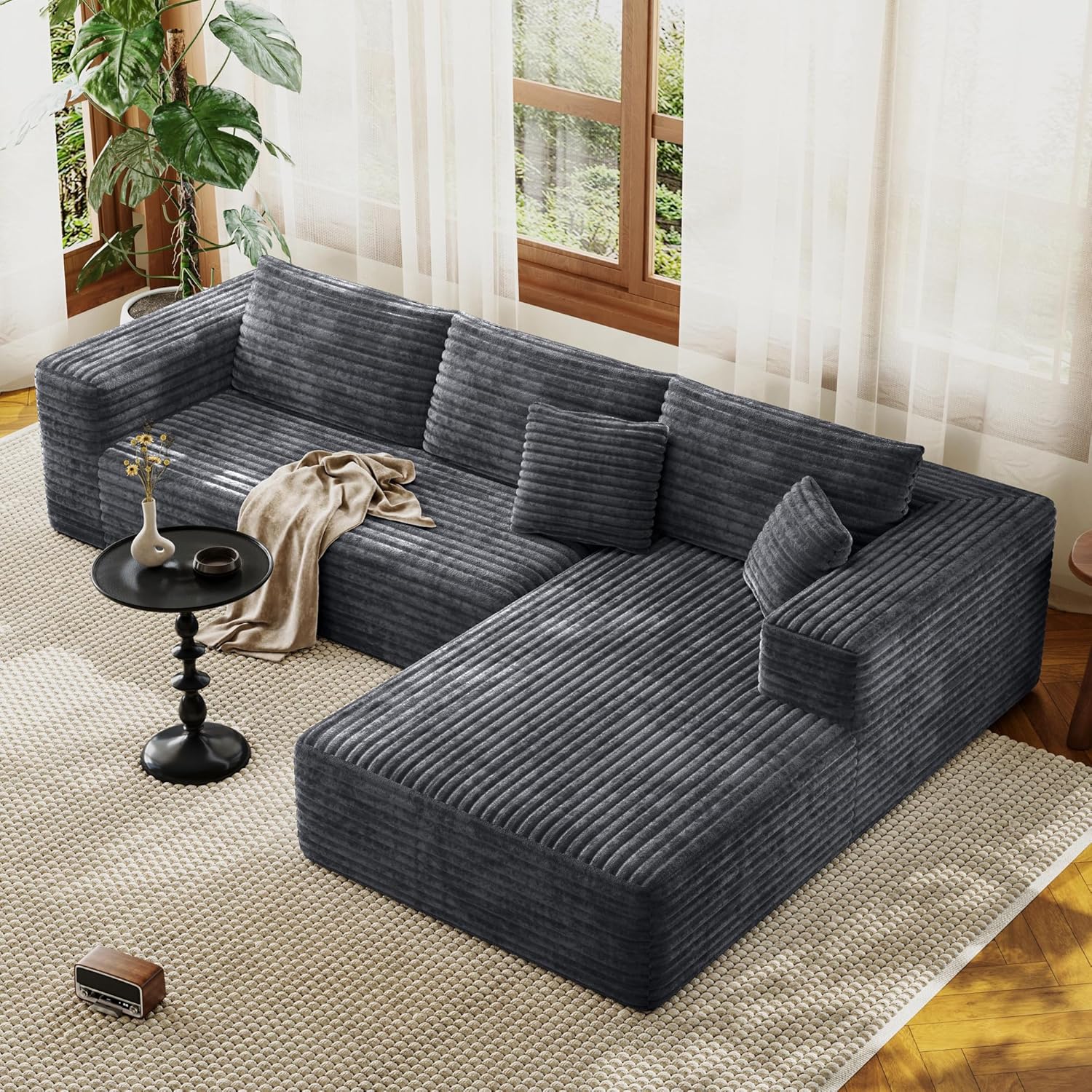 Boneless Sectional Couch for Living Room, Modular Sectional Sofa | 107" Modern L Shaped Could Couch Deep Seat Corduroy Floor Sofa, No Assembly Required, (Grey,107" L-shaped Right)