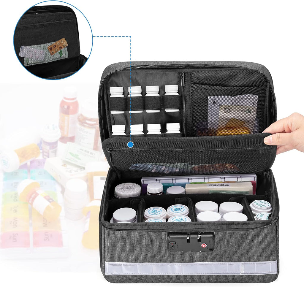 Damero Locking Pill Bottle Organizer with Inner Dividers, Medicine Storage and Organizer Bag Combination Lock for Medicine, Vitamins and Medical Supplies, Gray