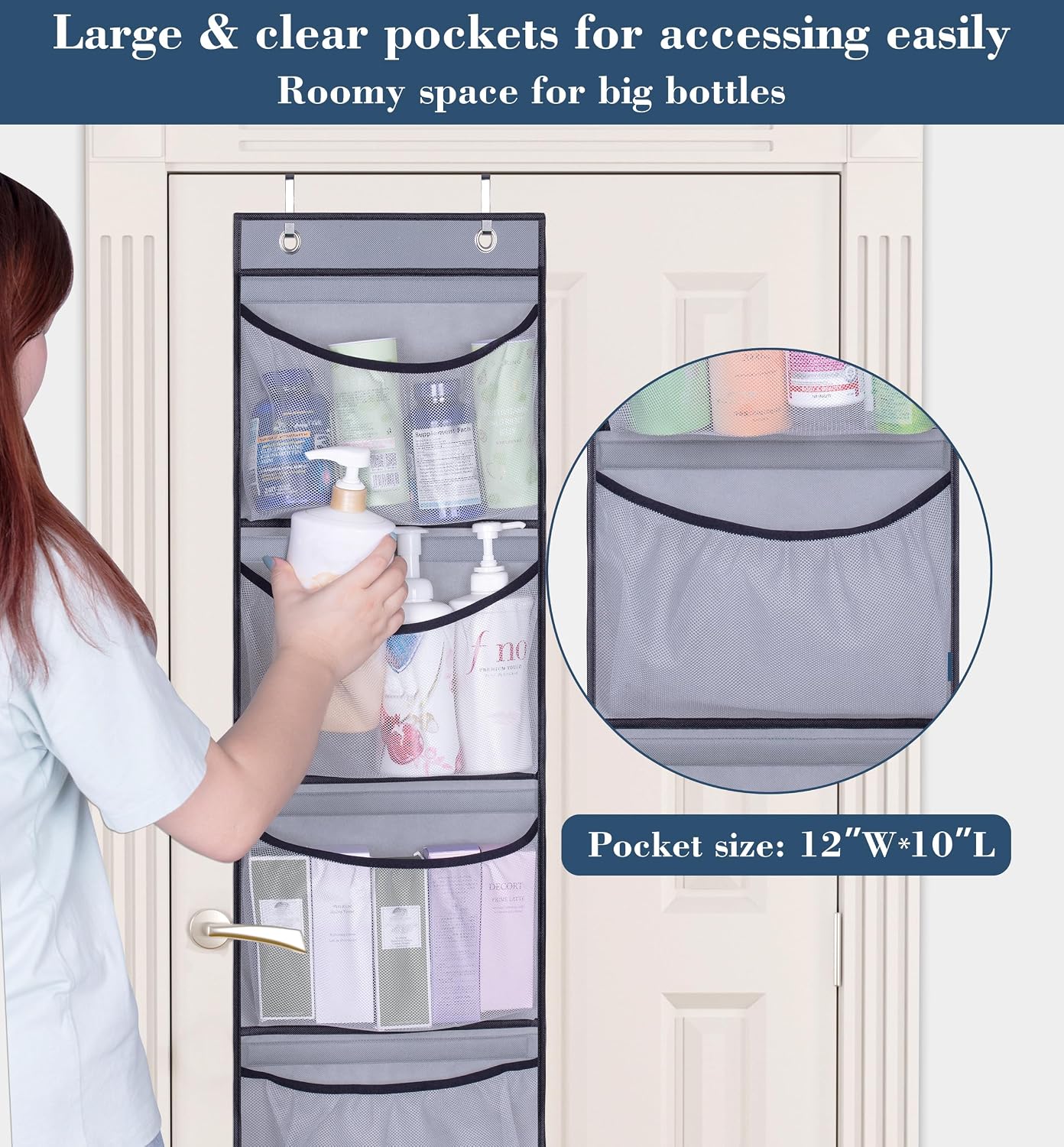 Hanging Shelves Over the Door Organizer Storage for Closet with 5 Pockets Organizer for Bedroom Bathroom, 2 Pack（Grey）