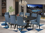 NKFL9-SBB-21-9-Piece Kitchen Table Set Consists of a Wooden Table and 8 Mineral Blue Linen Fabric Parson Chairs with Padded Chair Back - Sand Blasting Black Finish.