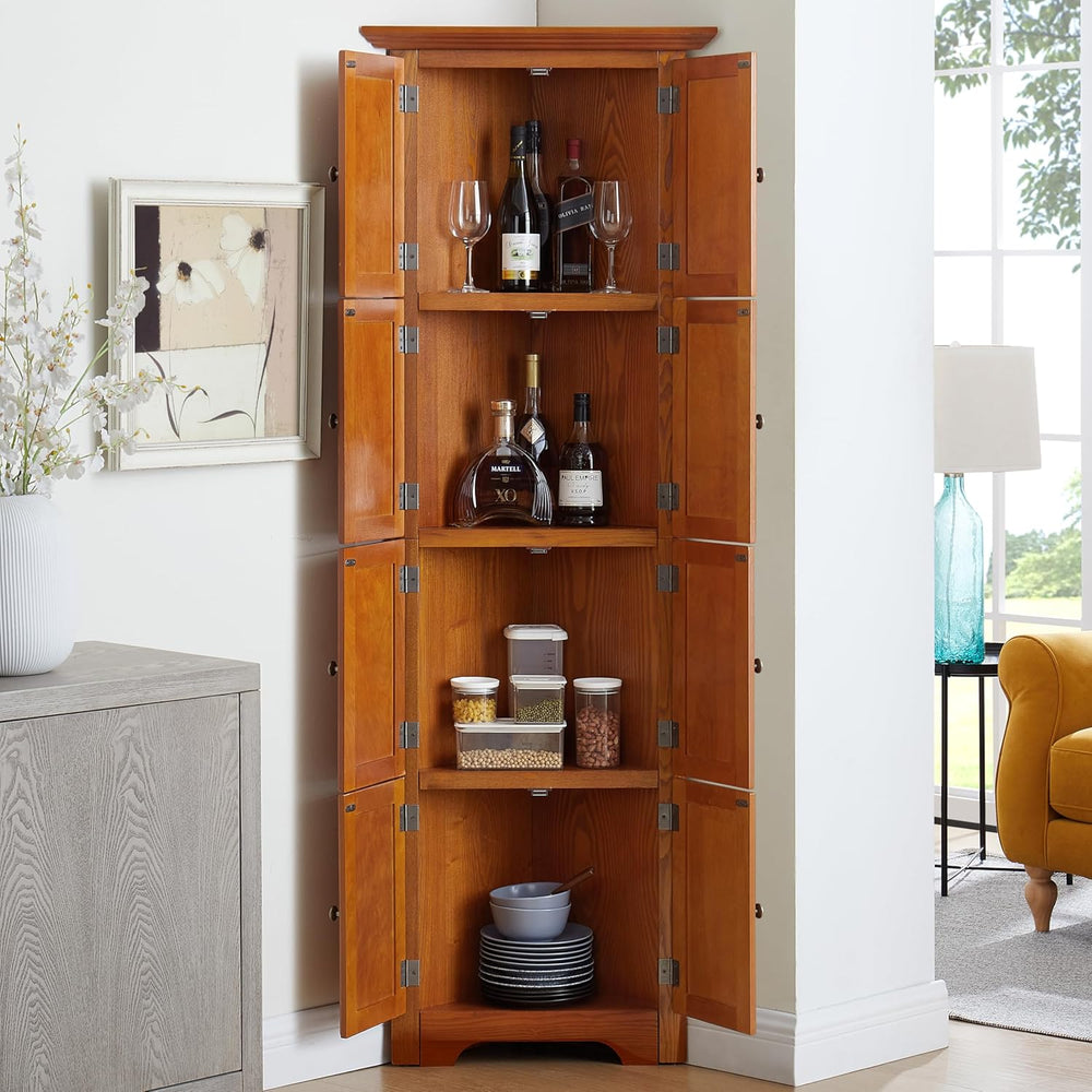 72" H Farmhouse Corner Storage Cabinet with 4 Shelves & 8 Doors, 4 T...
