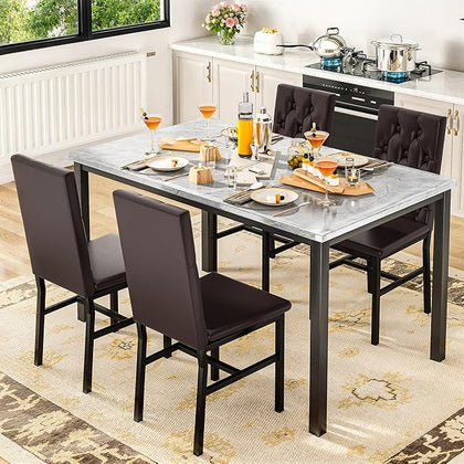 Hooseng Dining Table Set for 4, Faux Marble Small Kitchen Table Chairs Set of 4 with Luxurious Button Tufted Dinner Chairs for Kitchen and Dining(Brown)