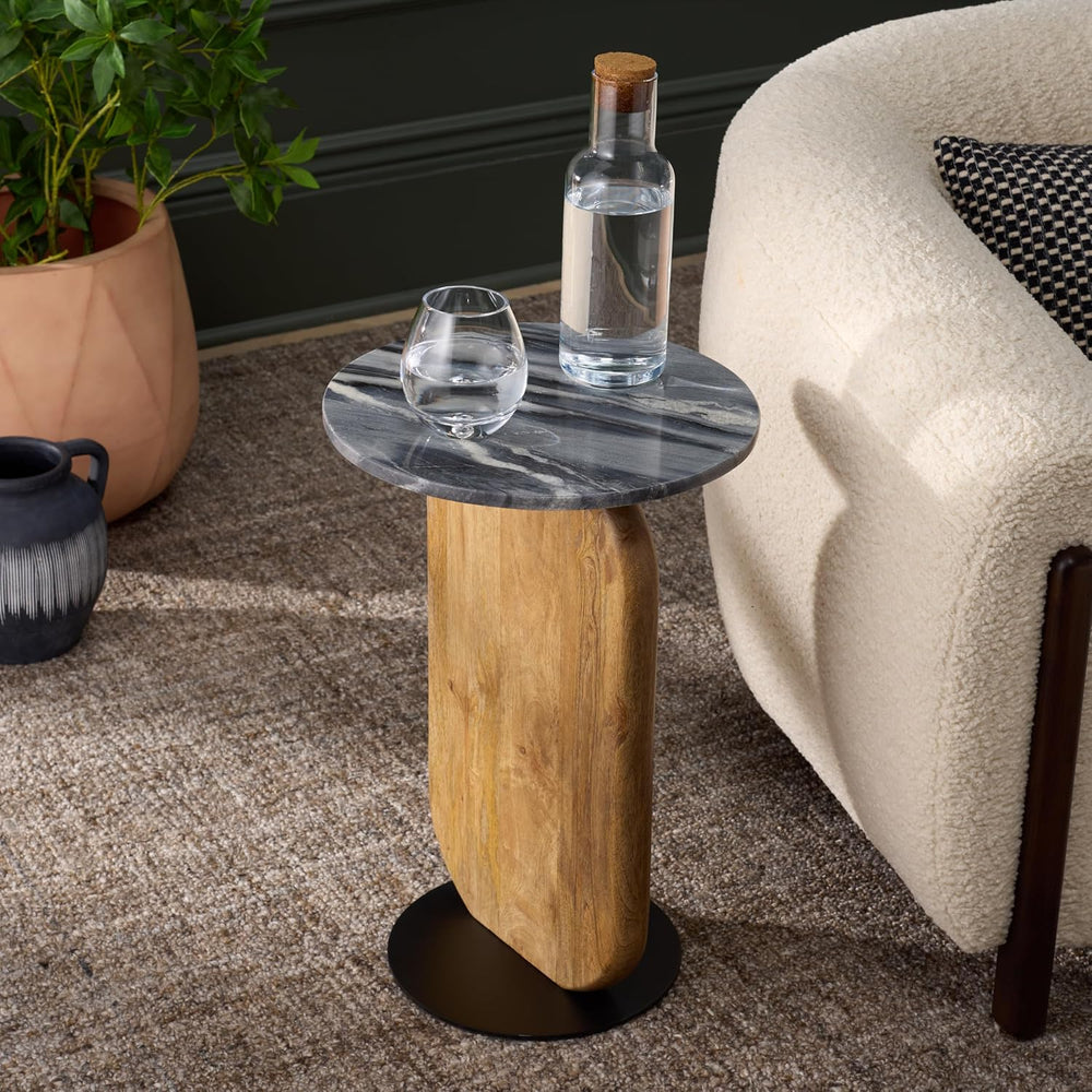 SAFAVIEH Home Collection - Kokhy Side Table, Natural Wood Base with Round Bla...