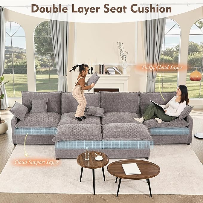 142.5" U Shaped Couch, Modular Sectional Sofa, 3-Seater Comfy Cloud Couch, Set of Modular Pieces with Movable Ottoman, Deep Seat Couches for Living Room, Chenille, Slate