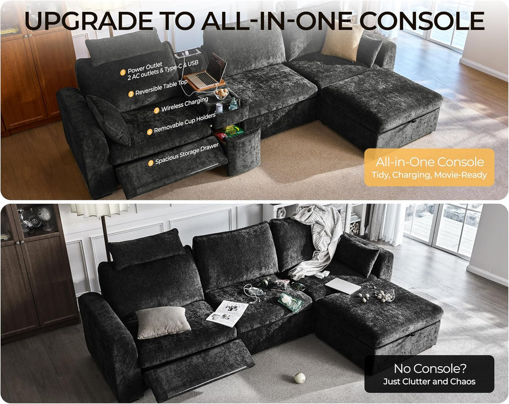 Oversized Modular Sectional Sofa with Power Recliner, Plush Cloud Couch with Headrest, Convertible Deep L-Shaped 6 Seater with Corner and Storage Ottoman, Chenille, Black