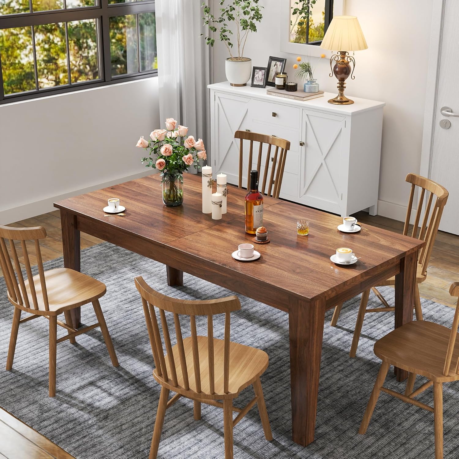 5 Piece Extendable Dining Table Set for 4-8 Person, Wooden Dining Room Table with 4 Chairs for Gatherings, Meeting for Small Kitchens, Dining Office Areas(Beige/Brown)