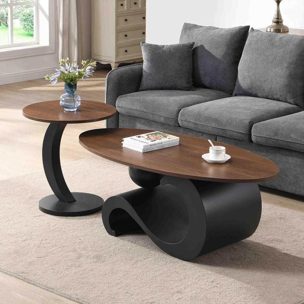 Henf Modern Nesting Coffee Table Set of 2 - Oval Table and Small Round End Ta...