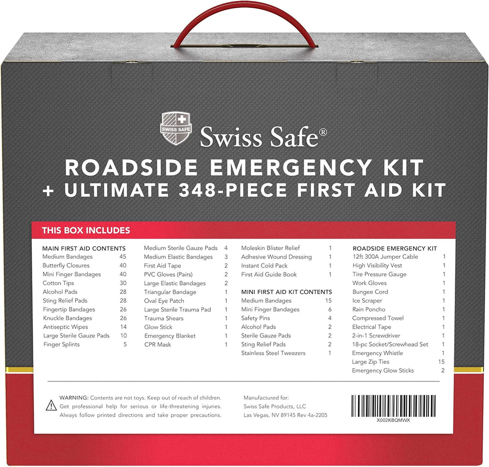 Swiss Safe 2-in-1 378-Pcs Car First Aid Kit, Jumper Cables, Essentials