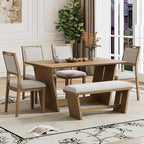 Merax 6-Piece Retro Dining Set, 1 Rectangular Table with Stable Trapezoidal Table Base and 4 Upholstered Chairs and 1 Bench for Dining Room and Kitchen, Natural Wood Wash