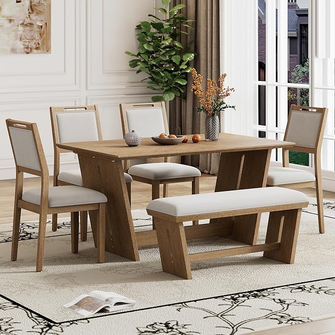 Merax 6-Piece Retro Dining Set, 1 Rectangular Table with Stable Trapezoidal Table Base and 4 Upholstered Chairs and 1 Bench for Dining Room and Kitchen, Natural Wood Wash