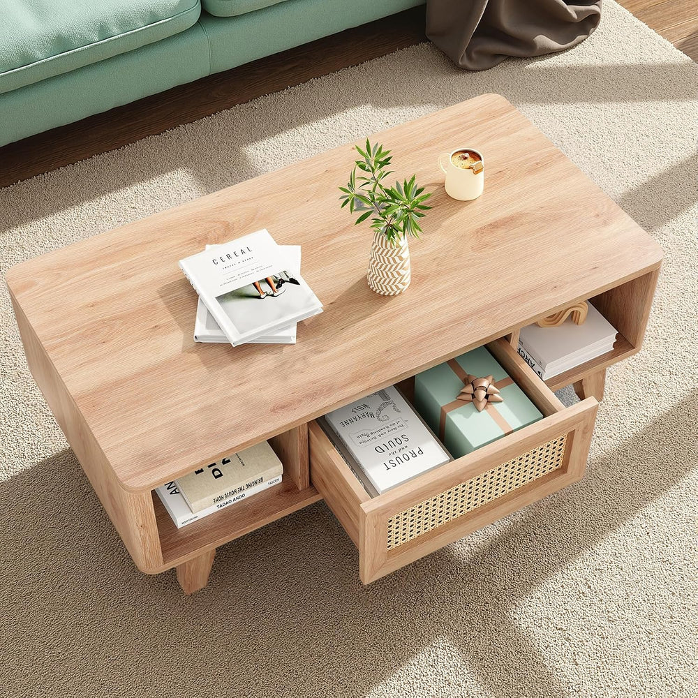 Farini Mid Century Modern Square Coffee Table with Rattan Drawer and Solid Wo...