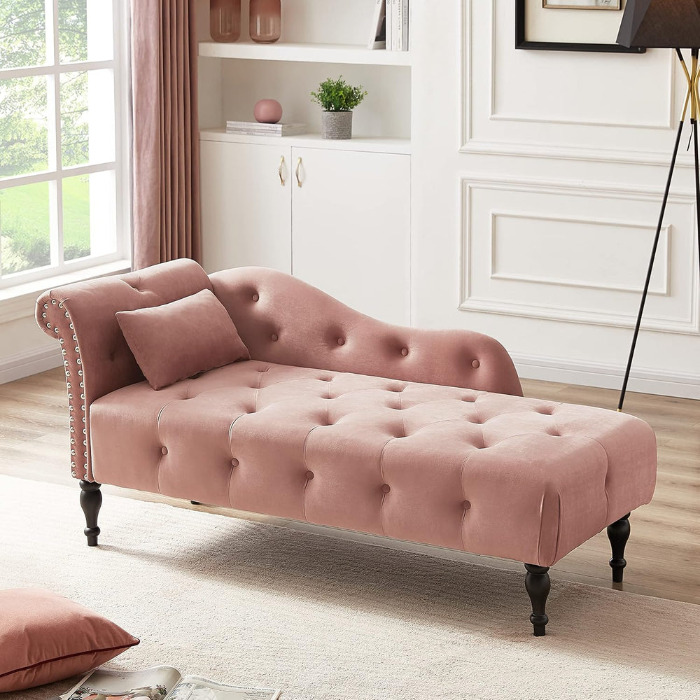 Tufted Upholstered Velvet Rolled Arm Chaise Lounges Indoor Chair, Rose | Righ...