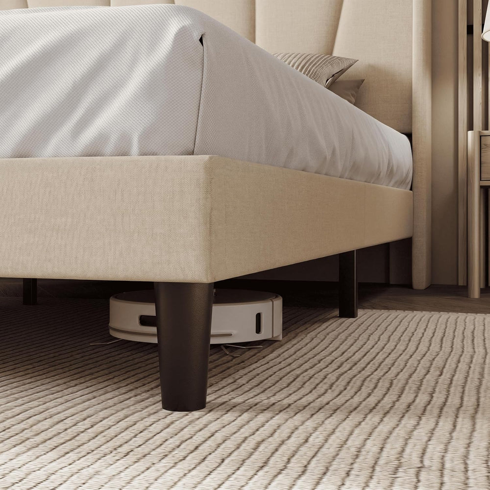 Allewie Queen Size Platform Linen Bed Frame with Headboard, Beige