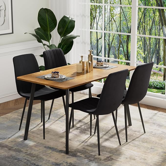 Dining Chairs Set of 4, Modern Kitchen Dining Room Chairs, Ergonomic Velvet Dining Chairs Upholstered Cushion Seat and Sturdy Metal Legs (Black)