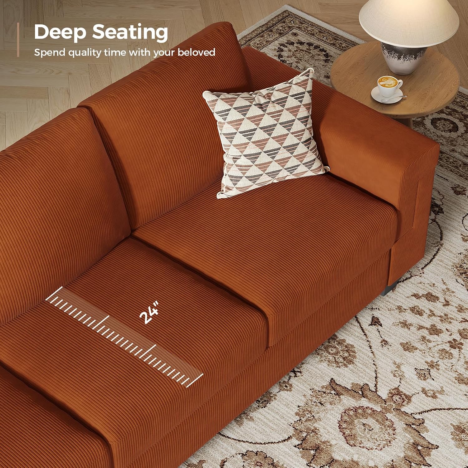 COPIAE 3 Seater Sofa Couch with Deep Seat, 90" Modern Upholstered Sofa with Armrests, Easy Installation, Comfy Couches for Living Room, Apartment,Rust