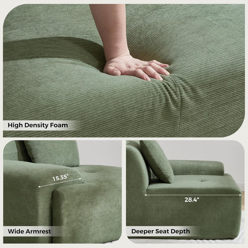 122" U Shaped Boneless Modular Sectional Sofa, Oversized 5-Seater Full Sponge Cloud Couch with Movable Ottoman, Corduroy Upholstery Couches for Living Room, No Assembly, Green