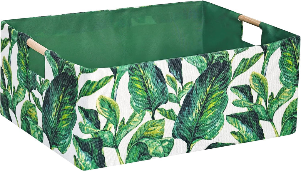 Storage Bin for Shelves Rectangle Closet Baskets Foldable Box with Handles Green Leaves Shelf Baskets Toy Boxes for Home Office Car Dormroom