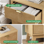 Fluted Nightstand with 3 Storage Drawers, 24" Wide Wood Bedside Table with Mental Handle, Mid Century Modern Wooden Side Table Night Stand, Curved End Table for Bedroom, Living Room, Oak