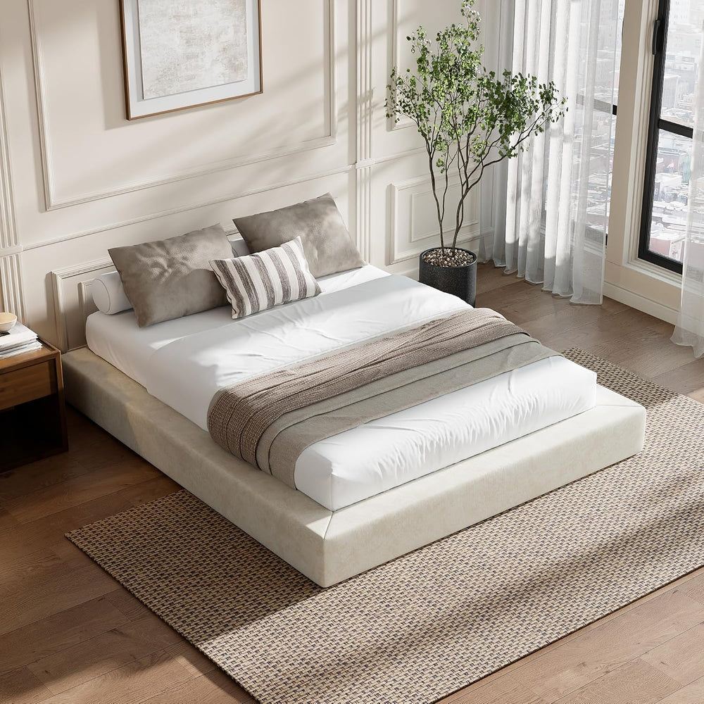 RECCI AirFrame Queen Upholstered Bed Frame with Square Cushioned Base
