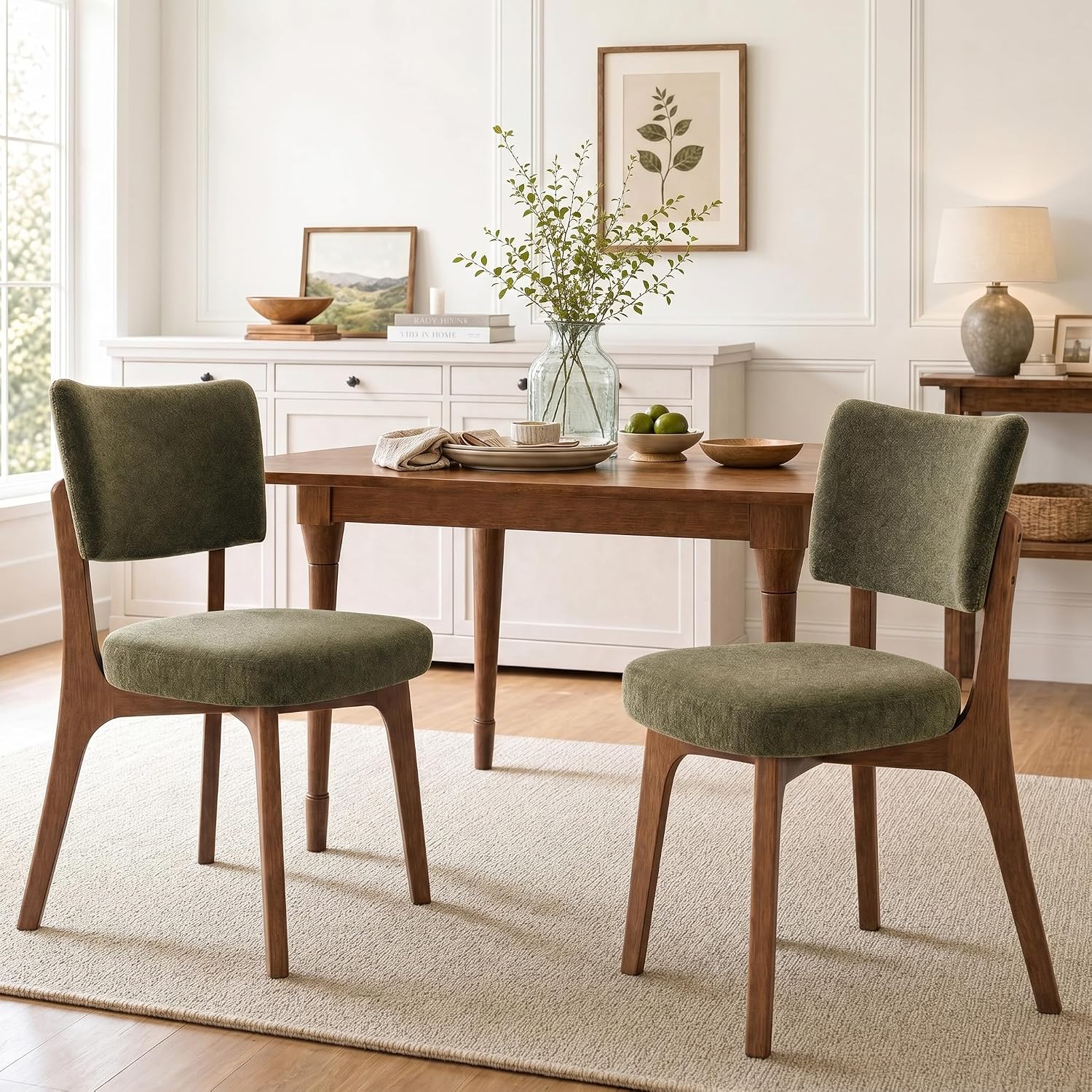 YOUNIKE Wooden Dining Chair, Chenille Fabric Upholstered Dining Room Chair Kitchen Side Chair, Farmhouse Dinner Chair with Solid Wood Legs for Kitchen Dining Vanity, Green (Single Pack)