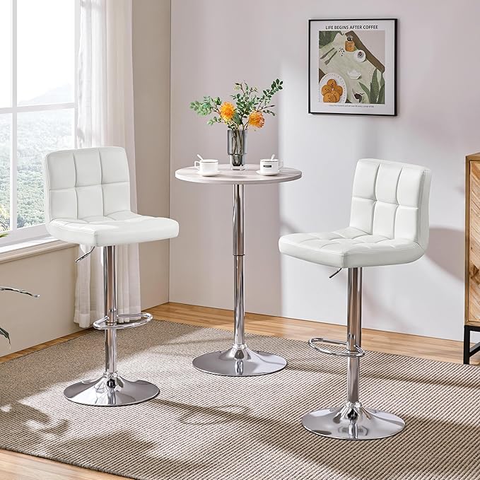 Yaheetech Bar Stools Set of 4, PU Leather Adjustable Swivel Barstools, Modern Armless Bar Chairs with Bigger Base, Thickened Seat Cushion, Square Island Barstools for Kitchen Island, White