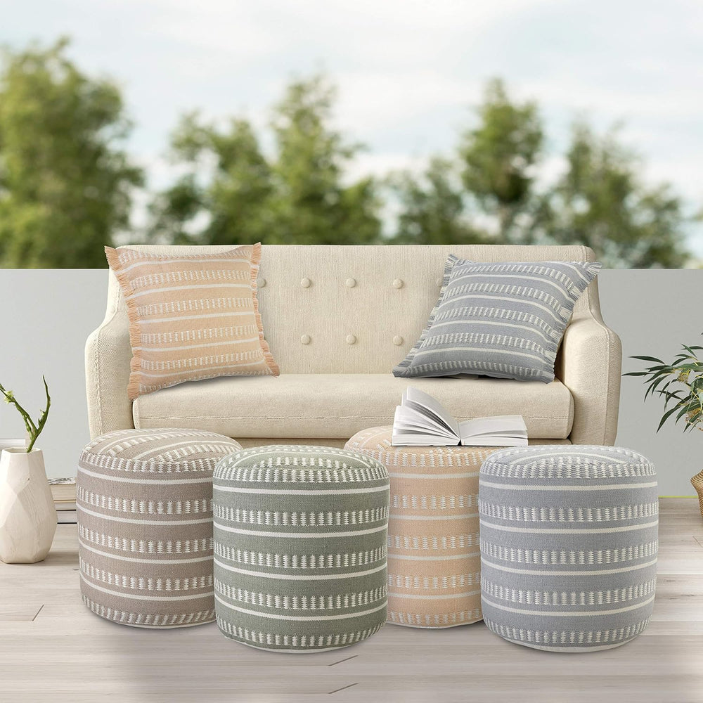 LR Home Dash and Stripe Geometric Indoor Outdoor Pouf, Green/White, 20" ...