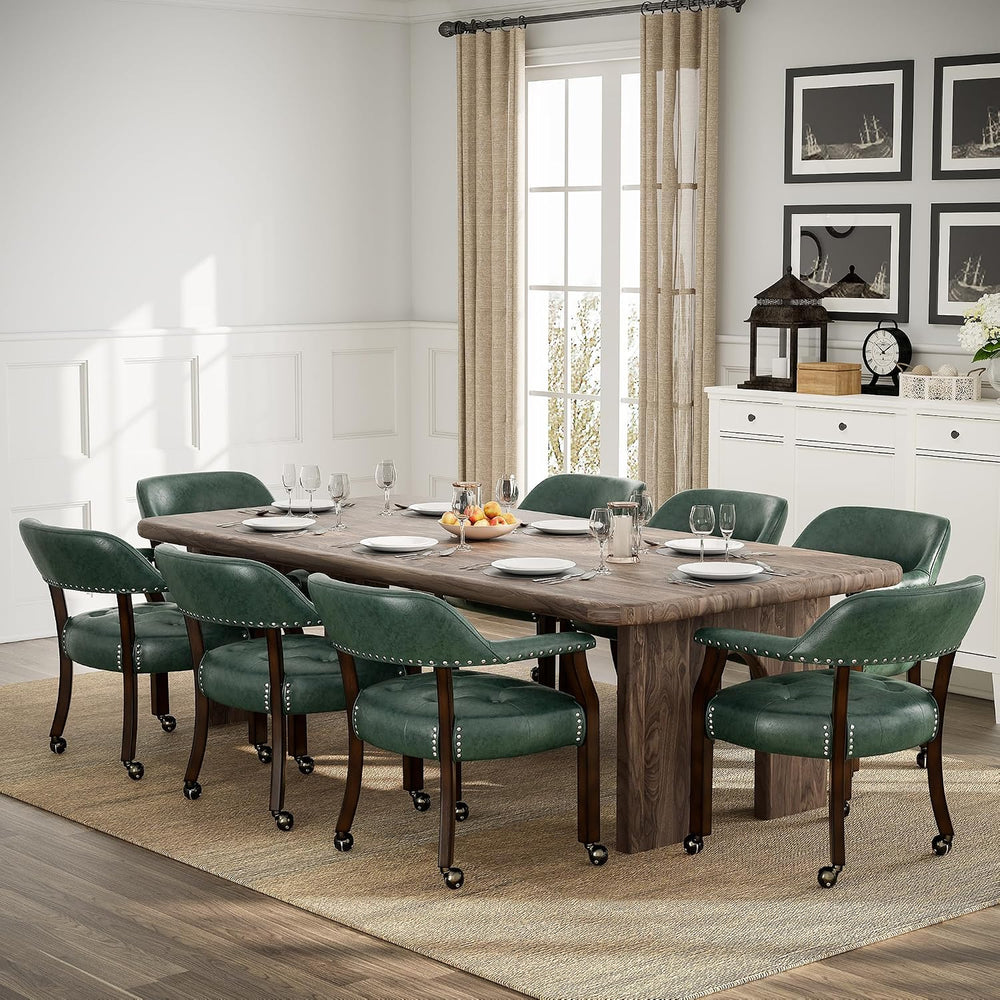 Set of 6 Dining Leather ArmChairs with Casters,Green PU, 360° Move | Accent K...