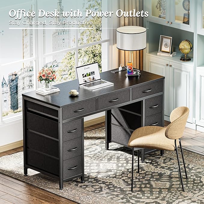 PRAISUN 47 Inch Office Desk with Outlets, Computer Desk with 9 Fabric Drawers, Writing Gaming Work Study Desk for Bedroom, Living Room, Home Office, Large Storage, Black
