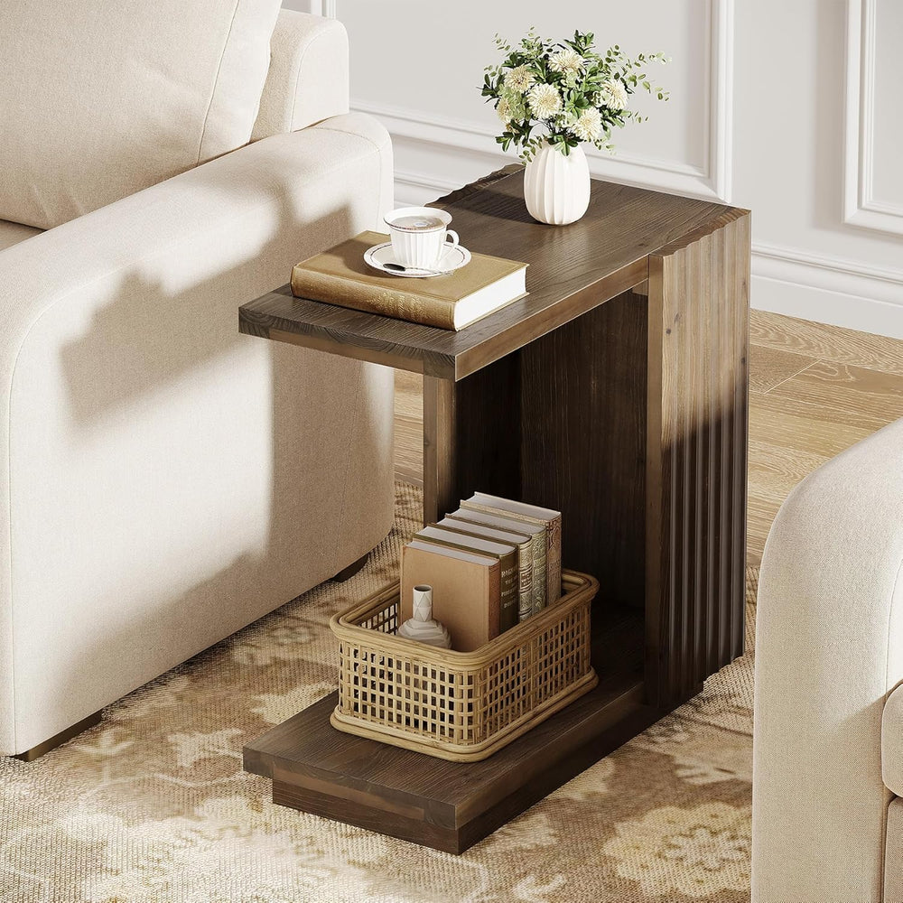 Solid Wood Side Table, C Shaped Narrow Sofa End Table with Fluted Panels and ...