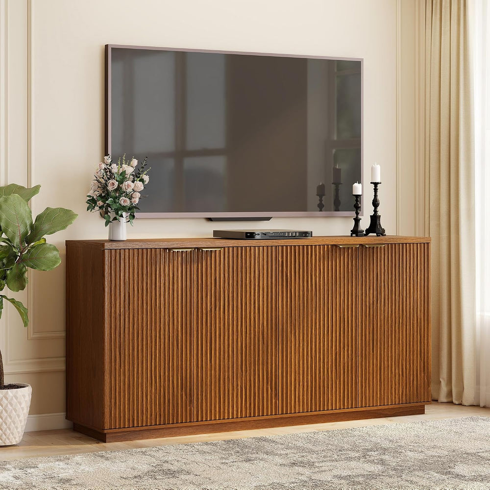 Fluted Sideboard Buffet Cabinet, 63" Wooden Credenza Storage Cabinet wit...