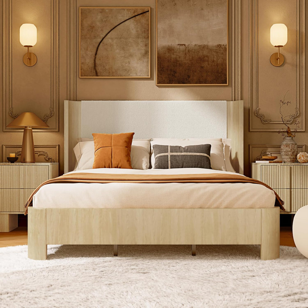 King Size Upholstered Platform Bed Frame with Wingback Headboard, Motion-Sens...