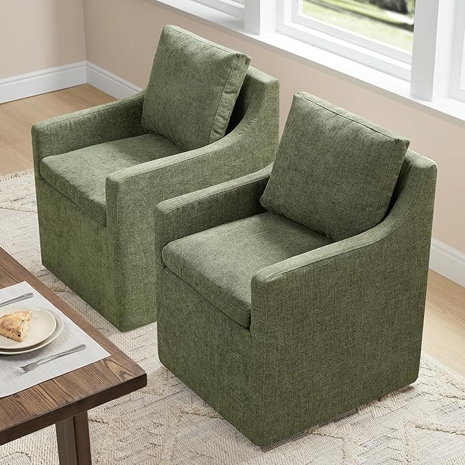 Upholstered Dining Chairs Set of 2, Washable Cover Modren Deskchair with 4 Casters & Hidden Storage for Dining Room, Living Room, Home Office, Green, 2 Box