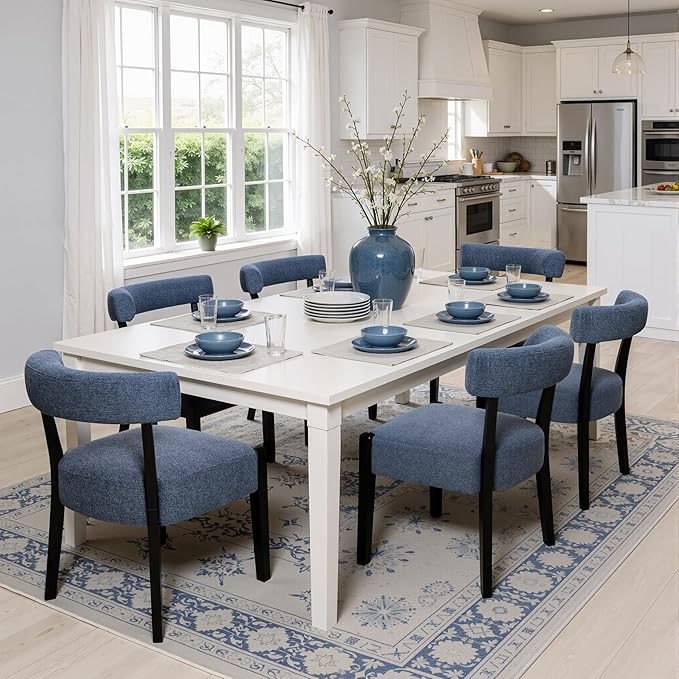 Modern Dining Chairs Set of 2, Upholstered Kitchen & Dining Room Chairs, Mid Century Modern Wooden Dining Chairs Oversized Sturdy Fabric Rounded Chairs Curved Back, Blue