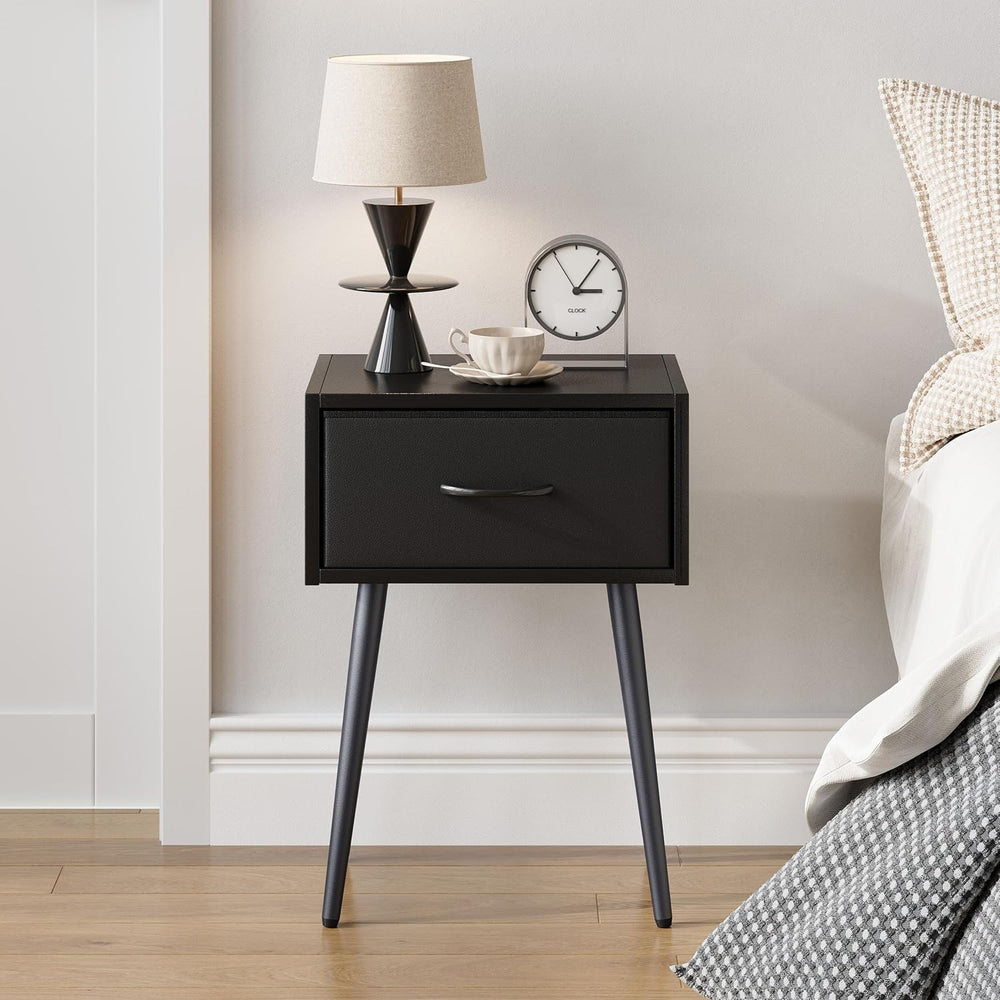 Small Black Nightstands Set of 2, Bedside Table with Fabric Drawer, Modern En...