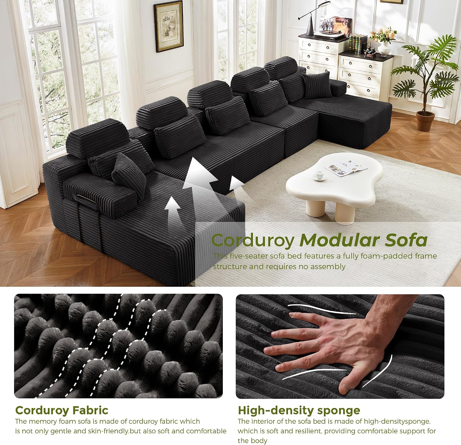 171" U-Shaped Cloud Modular Sectional Sofa with Chaise & Headrest, Boneless Deep Seat Plush Corduroy Couches for Large Living Room, No Assembly Required (Black, 171" U-shapred Chaise)