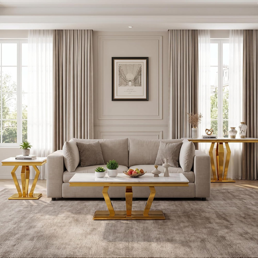 Asday White Coffee Table Set of 3, Gold Polished Geometric Metal Base | Luxur...