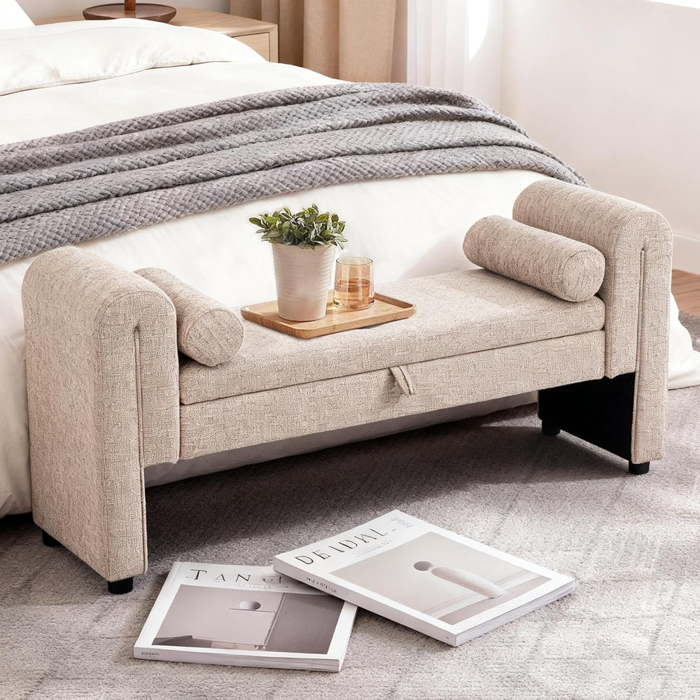 Storage Bench for Bedroom End of Bed, Velvet Upholstered Rolled Armed Button ...