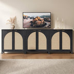 SICOTAS Rattan Sideboard Buffet Cabinet with Storage, Modern Credenza Storage Cabinet with Arch Doors & Adjustable Shelves, Coffee Bar Media Console Cabinets for Kitchen Living Room Entryway, Black
