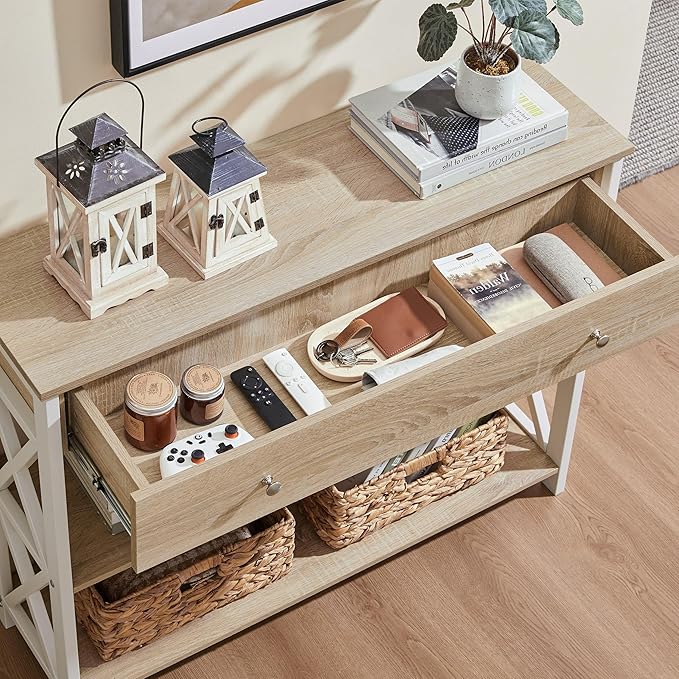 Yaheetech TV Stand for TV up to 45 inch, Entertainment Center with Drawer, Media Console Table with Storage Shelves, for Living Room, Metal Frame, Light Oak